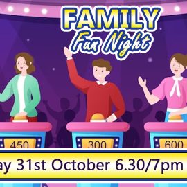 Family fun night showing quiz show contestants with their hands up to answer a question